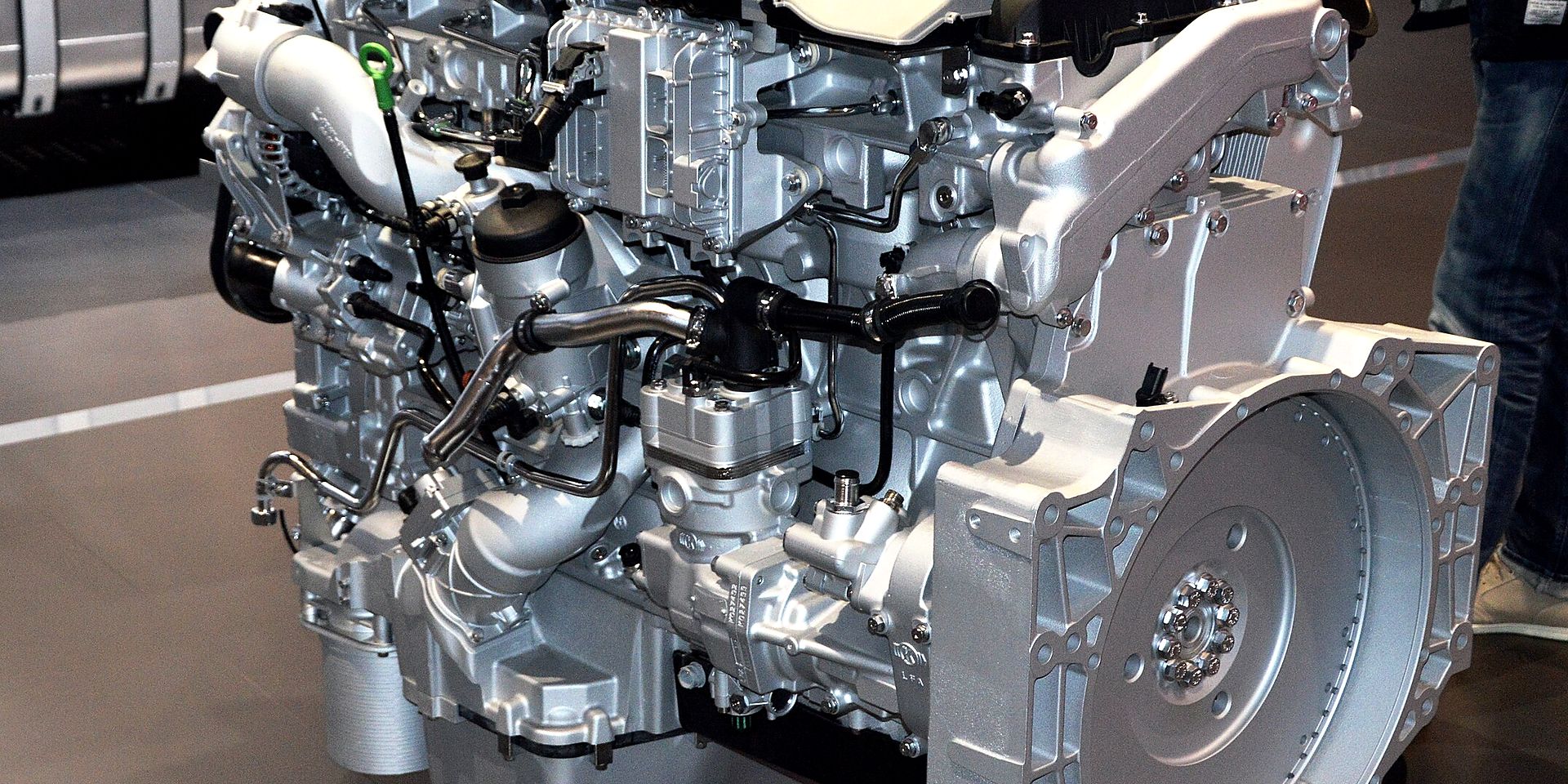 MAN heavy truck diesel engine on a stand
